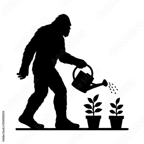 Funny Bigfoot Watering Plants Silhouette Vector Illustration