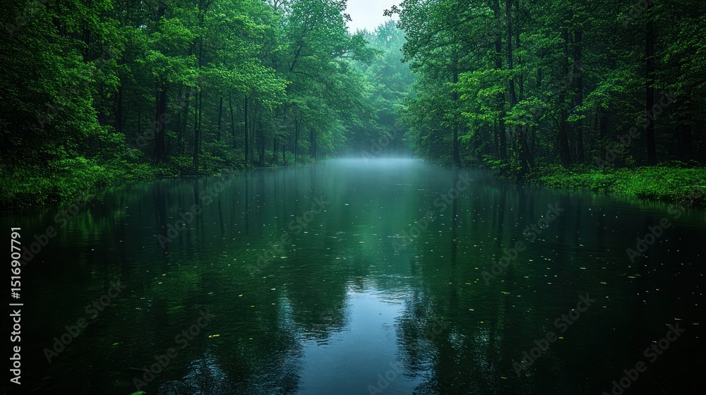 Obraz premium Misty forest river after rain. Lush green trees line a still, dark water