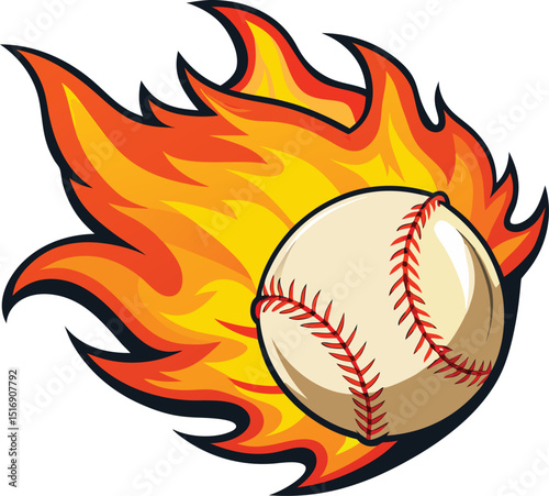 Dynamic vector illustration featuring a baseball engulfed in flames against a clean white background design