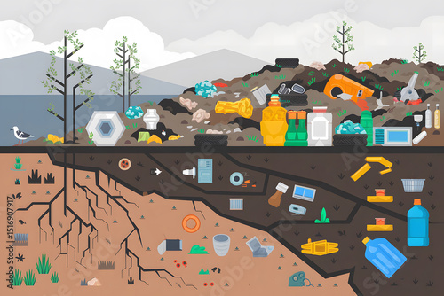 Visualizing Waste's Impact. This infographic depicts a landfill's layers, showcasing the buried waste and its contrasting impact on the surrounding environment.