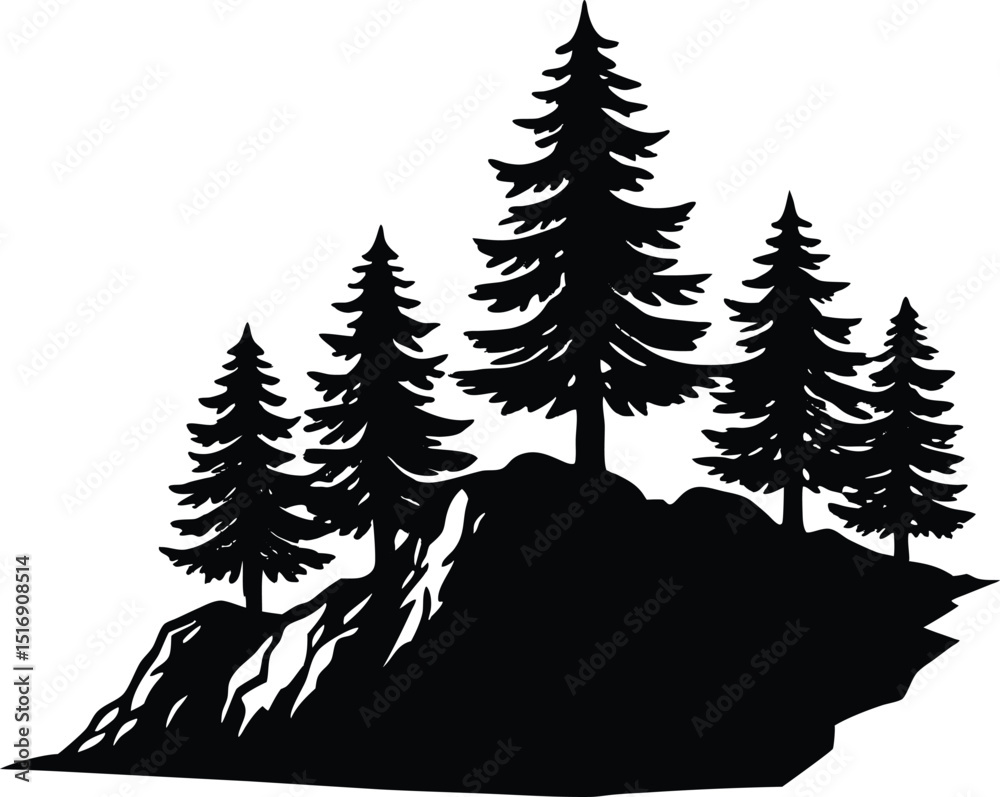 Obraz premium Cliffside Pine Trees Silhouette, Tall Pines on Rocky Cliffside