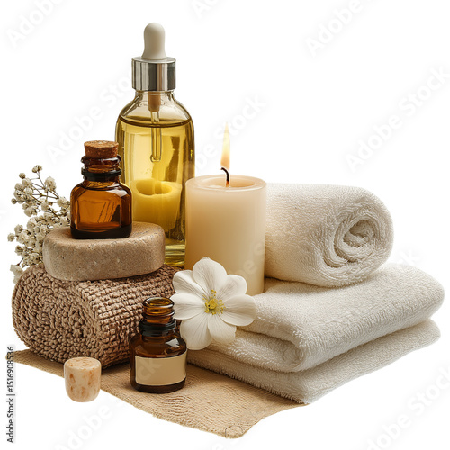 Towels, scented candles, and essential oils for spa treatments, isolated on a transparent background, PNG file.