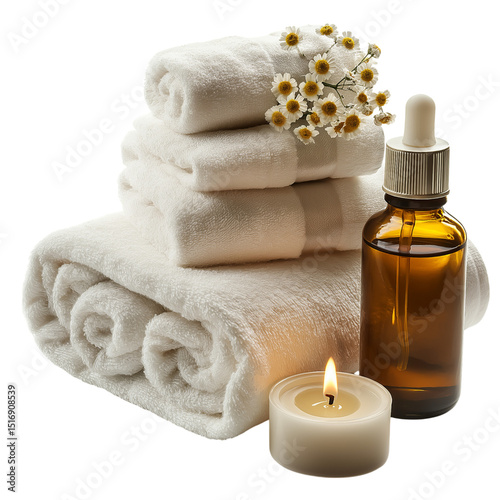 Towels, scented candles, and essential oils for spa treatments, isolated on a transparent background, PNG file.