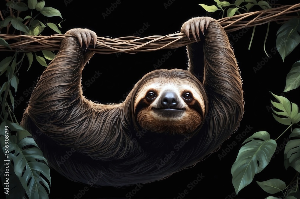 Naklejka premium Sloth hanging from a branch in a lush environment, showcasing its unique features and relaxed demeanor in a natural setting
