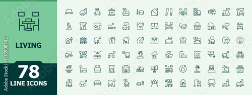 Living icon set. Minimal linear icons. Pictograms of home, house, bedroom, furniture, room, interior. Editable stroke. Vector collection. Bed icon set.