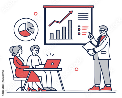 Flat design concept of meeting, business presentation, training, annual report. Vector illustration for website banner, marketing material, business presentation, online advertising. 