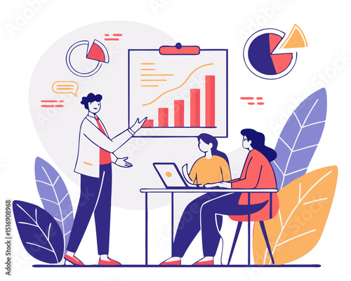 Flat design concept of meeting, business presentation, training, annual report. Vector illustration for website banner, marketing material, business presentation, online advertising. 