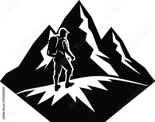 Hiker on Mountain Peak Silhouette, Adventurer Overlooking Mountain View