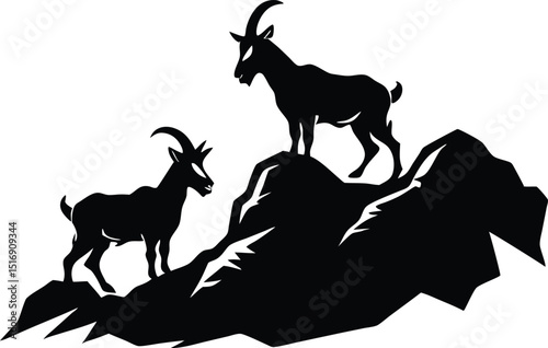 Mountain Goats Climbing Rocks Silhouette, Rocky Slope with Climbing Mountain Goats
