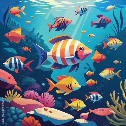Vibrant Underwater Scene Colorful Fish and Coral Reef Illustration
