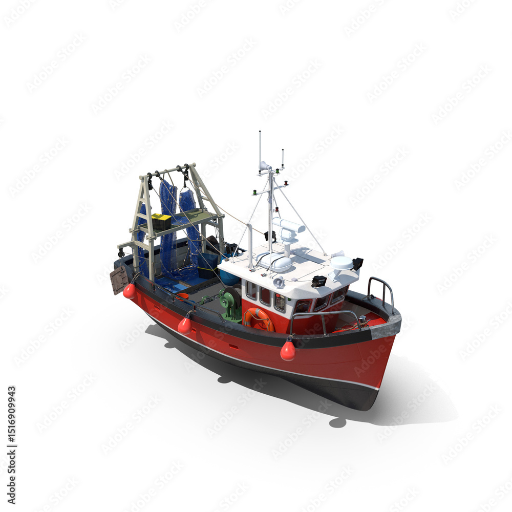 Obraz premium Red Commercial Fishing Trawler Side View Isolated on Transparent Background