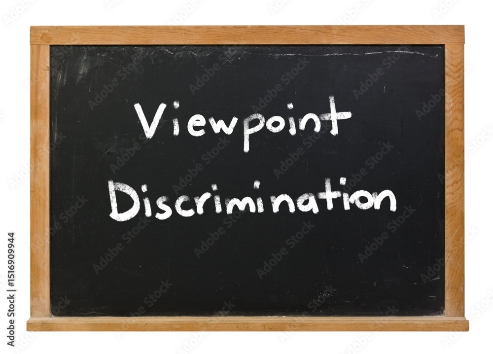 Obraz premium Viewpoint discrimination written in white chalk on a black chalkboard with a wooden frame