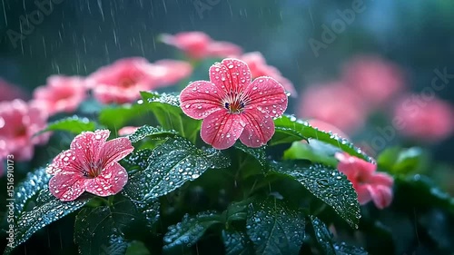Gentle rain falling on vibrant pink flowers in a lush green garden setting