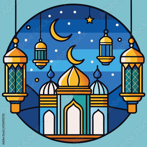 Celebrating Ramadan Night Scene with Mosque and Lanterns