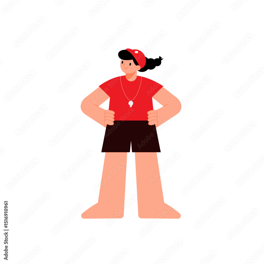 Female lifeguards pose with their chests out and hands on their hips in a confident pose Female lifeguards pose with their chests out and hands on their hips in a confident pose