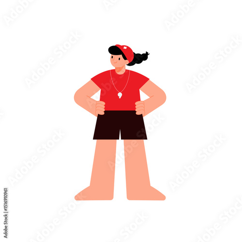 Female lifeguards pose with their chests out and hands on their hips in a confident pose