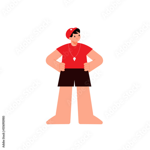 Male lifeguards pose with their chests out and hands on their hips in a confident pose