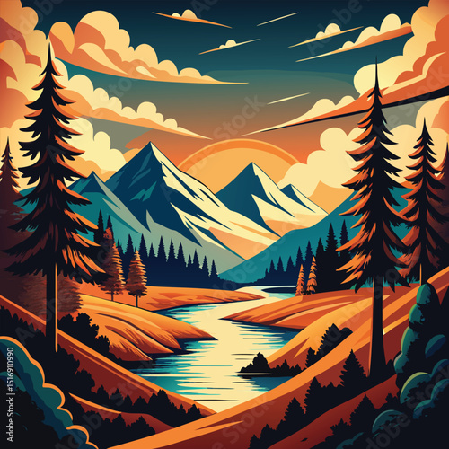 Serene Sunset Mountain Landscape A River Flows Through It