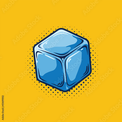 minimal ice cube pop art symbol vector with vibrant yellow background and halftone dot pattern