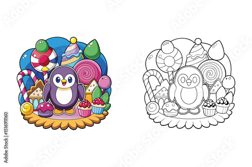 Adorable Penguin in a Candyland: A Colorful Illustration and Coloring Page