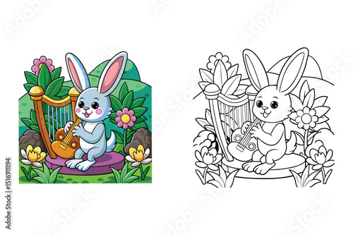 Adorable Rabbit Playing the Harp in a Flower Garden: A Coloring Page