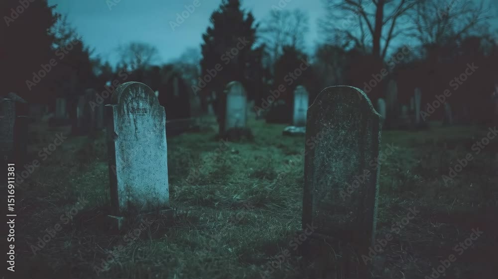A row of old gravestone monument in a dark, overgrown cemetery, symbolizing death, memory, and resting place for Halloween and solemn concept
