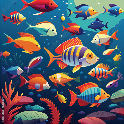 Vibrant Underwater World A Colorful Collection of Tropical Fish Illustrations