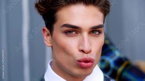 Young man expresses playful and flirty poses in urban setting
