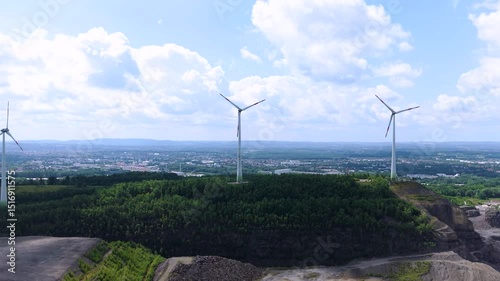 Drone view of a wind turbine in Osnabrueck, Germany (Rundwanderweg Piesberg Nord)