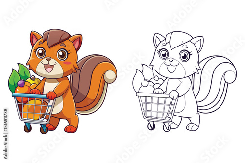 Adorable Squirrel Cartoon Character Pushing Shopping Cart with Fruits