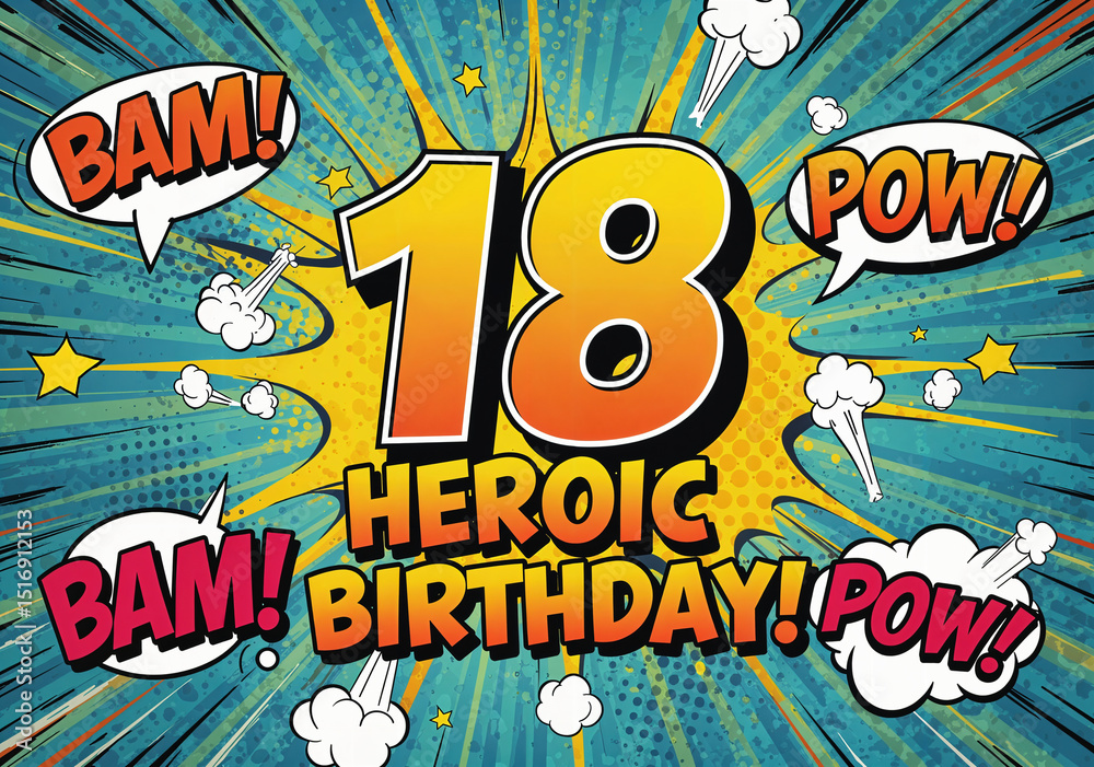 Obraz premium A vibrant and dynamic comic book-style illustration celebrating an 18th birthday.