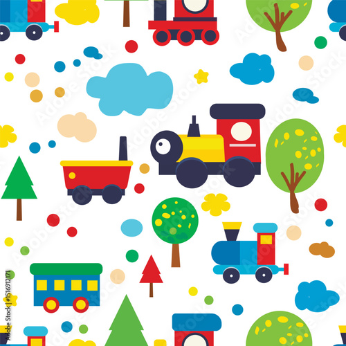 seamless children's pattern with trains on a white background for boys