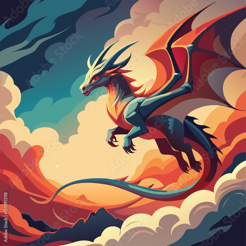 Majestic Dragon Soaring Through Clouds Fantasy Art Illustration