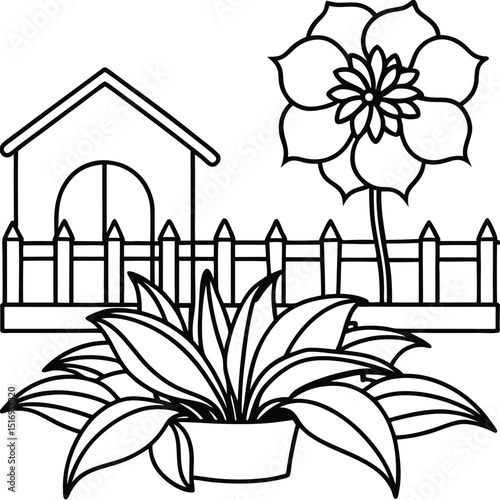 Charming Garden Coloring Page House, Fence, Flower, and Plants