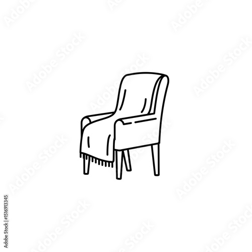 Armchair with blanket draped over it in minimalist line art style  
