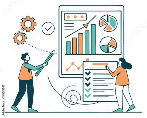 Flat design concept of business analysis, project management, market research. Vector illustration for website banner, marketing material, business presentation, online advertising.