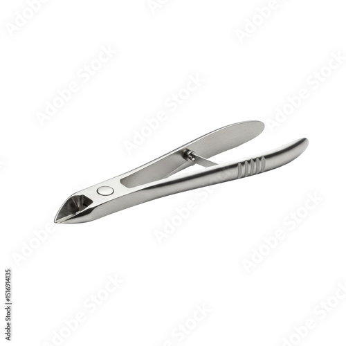 Ultra realistic photo of a stainless steel cuticle nipper with sharp blades, presented in a 3/4 view on a clean transparent background with no shadows, concept for beauty and personal care products
