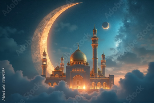 Muharram Islamic New Year Celebration with Crescent Moon and Lanterns

