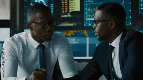 Diverse financial analysts discuss stock market trends at office workstation setup