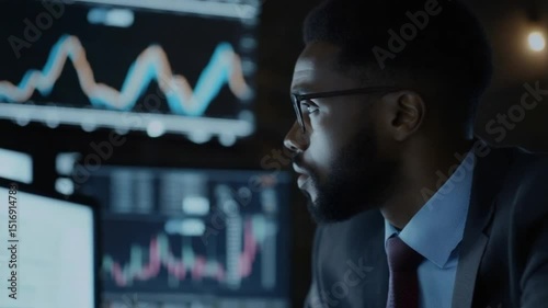 Financial Professional Analyzing Market Data on Multiple Screens in a Dark Office
