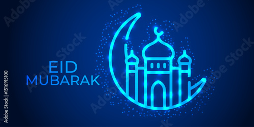Geometric Eid al-Adha Celebration: Low Poly Crescent and Star Design on Blue Gradient Background