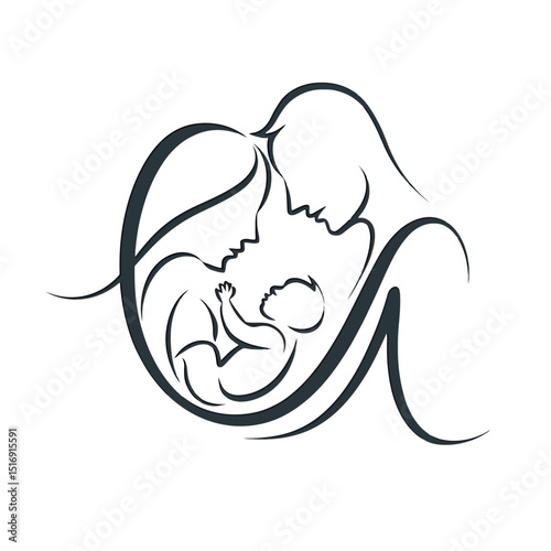 A stylized line drawing portrays a family, with two adults gently gazing at an infant cradled between them