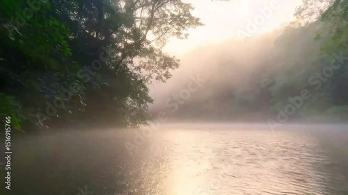Soft morning mist over calm river surrounded by trees, glowing with early sunlight. Tranquil nature awakening concept