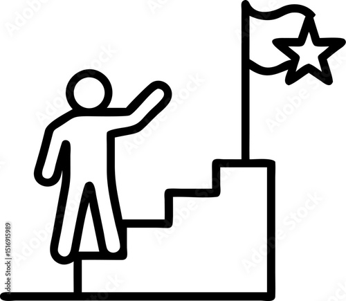 Success - Oriented Vector Icon. Shows a person climbing stairs towards a flag with a star. Symbolizes goals, victory. Editable strokes. Vector illustrations.
