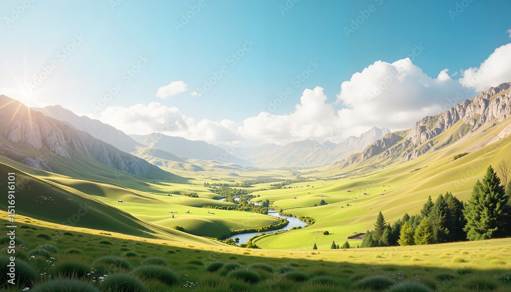 Fototapeta premium Vast green valley landscape with river and mountains