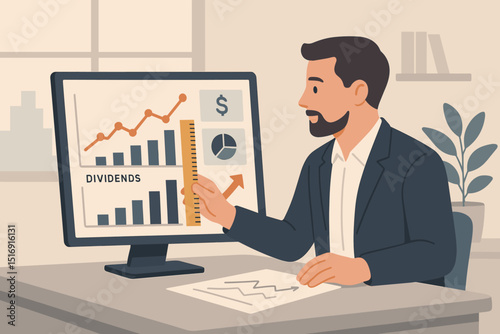 Investor analyzing profit growth chart on computer screen. Businessman focused on financial data, stock market trends, and dividend reports for successful investment strategy. Finance analytics.