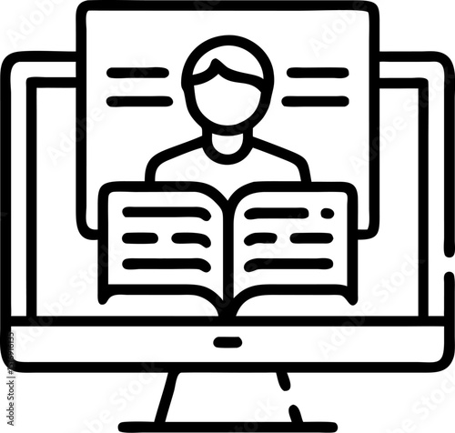 Digital Learning and Education Vector Icon. Shows a person with an open book on a computer screen. Editable line vector