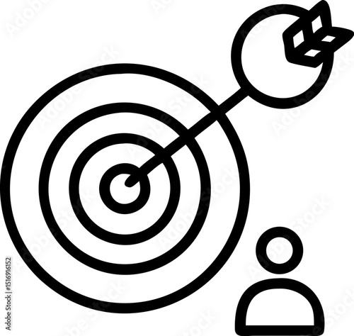 Target Success and Aim Vector Icon. Displays a bullseye hit by an arrow near a person symbol. Editable line vector illustration.