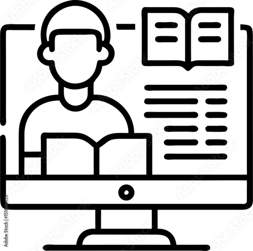 Digital Learning Online Education Vector Icon. Depicts a person with books on a computer screen. Editable vector illustration.