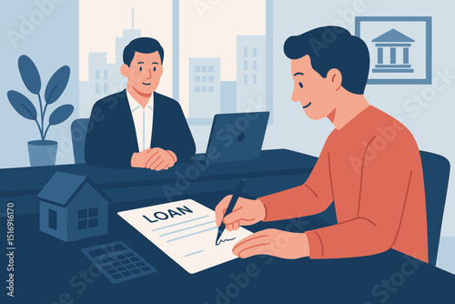 Client signing mortgage loan agreement vector illustration. Man with agent for property finance, investment. Home purchase contract signature. Business deal in bank office for house loan.